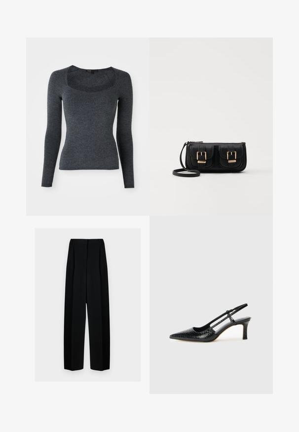 Tamno siva dugih rukava rebrasta majica s kvadratnim izrezom i teksturiranim uzorkom na grudima. Izrađena od meke pletene tkanine.; Crne široke hlače s visokim strukom, s naborima i glatkom teksturom. Tkanina izgleda lagano i elegantno pada.; Crne lakirane slingback pete s oštrim vrhom, s teksturiranim uzorkom zmijske kože, podesivom remenom i kratkom, teksturiranom blok-petom.; Crna kožna torba preko ramena s dva prednja džepa, zlatnim kopčama, zatvaranjem na zip i uskim remenom. Teksturirana površina i kompaktan pravokutan oblik.