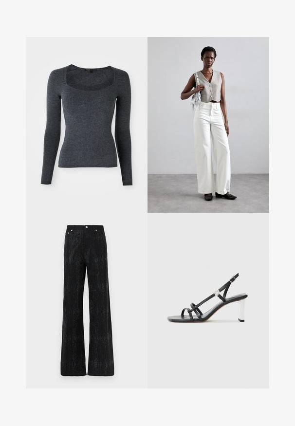 Tmavě šedý svetr s dlouhým rukávem a ribovaným vzorem, čtveratým výstřihem a texturovaným vzorem na hrudi. Vyrobeno z měkké pletené látky.; Černé kalhoty s širokými nohavicemi a texturovaným povrchem, zdobené lesklým vzorem. Dokončeny standardním pasem a kovovými knoflíkovými akcenty.; Černé sandály na podpatku s několika úzkými pásky, designem s objímáním paty a stříbrným akcentem na podpatku. Hladký svrchní materiál a čtvercový podpatek.; Šedý zkrácený vest, doplněný bílými širokými džíny a černými plochými botami. Doplňková malá stříbrná kabelka s třásněmi.