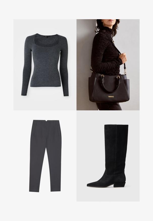 Dunkelgrauer, langärmeliger, gerippter Pullover mit eckigem Ausschnitt und strukturiertem Muster auf der Brust. Aus weichem Strickstoff gefertigt.; Dunkelgraue, taillierte Hose mit seitlichen Taschen und vorderen Falten, entworfen für eine maßgeschneiderte Passform.; Schwarze Wildlederkniehohe Stiefel mit spitzem Absatz, niedrigem Blockabsatz und nahtlosen Seiten. Schlichtes Design ohne sichtbare Beschläge oder Akzente.; Schwarze Handtasche mit strukturierten Oberflächen, doppelten Obergriffen und verstellbarem Schultergurt. Mit goldfarbener Hardware und Seitentaschen.