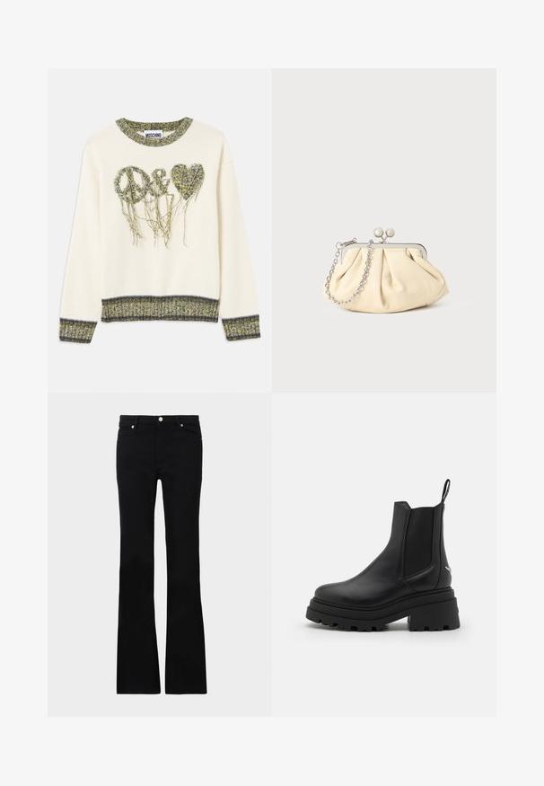 Cremfarbener Pullover mit "Frieden" und Herzmotiven aus strukturiertem grünem Garn. Verfügt über einen gerippten Ausschnitt und Ärmelabschlüsse mit kontrastierenden dunklen Akzenten.; Schwarze, ausgestellte Jeans aus Denim, ausgestattet mit zwei Fronttaschen, einem Knopfverschluss und einer glatten Oberfläche. Signatur-Nähte an den Nähten sichtbar.; Schwarze Chelsea-Stiefel aus glattem Leder mit elastischen seitlichen Einsätzen, einer dicken, geriffelten Gummisohle und einer Schlaufe an der Rückseite.; Faltige beigefarbene Ledertasche mit einem silbernen Metallrahmen, ausgestattet mit zwei runden dekorativen Verschlüssen und einem silbernen Kettenriemen.