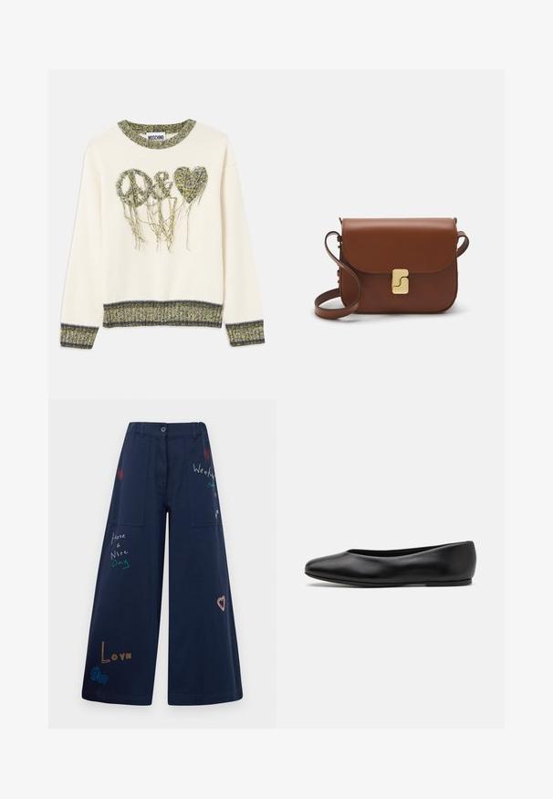Suéter crema con diseños de "paz" y corazones en un hilo verde texturizado. Presenta un cuello y puños acanalados con contrastes oscuros.; Pantalones de pierna ancha en color azul marino, confeccionados en algodón y con múltiples bolsillos. Presentan un colorido bordado de texto y gráficos, incluyendo corazones y frases divertidas.; Paul Smith TOPANGA - Bailarinas - black; Bolso de mano de cuero marrón con cierre de solapa, herrajes en tono dorado, correa para el hombro y una textura suave. Forma rectangular compacta.
