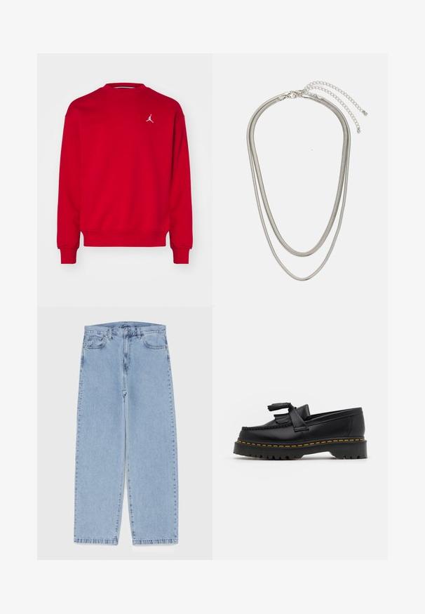 Felpa rossa con colletto tondo e maniche lunghe. Presenta un logo Jordan bianco sul petto. Realizzata in un tessuto morbido e testurizzato.; Jeans in denim azzurro chiaro con design a gamba dritta, caratterizzati da una vita media, cinque tasche e chiusura con bottone e zip.; Mocassino in pelle nera con un'accento a frange, dotato di una suola nera spessa e cuciture gialle lungo il bordo. Finitura testurizzata.; Collana in metallo argentato a tre strati caratterizzata da catene sottili e flessibili con una leggera lucentezza, fissata con un gancio a molla e una catena regolabile.