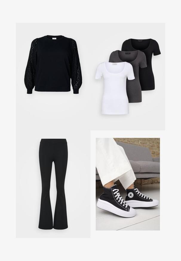 Black sweatshirt with solid body and textured, puffed lace sleeves. Crew neck design with ribbed cuffs and hem.; Three fitted T-shirts in white, gray, and black. Each features a wide scoop neckline and short sleeves. Made from smooth, stretchy fabric.; Black flared pants made of stretchy fabric, featuring a high waistband and a smooth texture. The pants flare out from the knee.; Black canvas high-top sneakers with white rubber soles and laces. Features a circular logo on the side and contrasting white stitching.