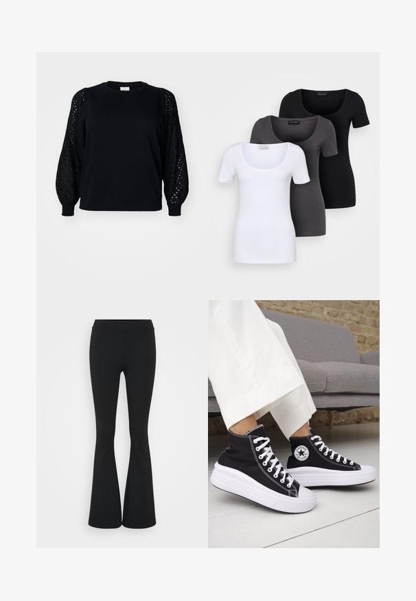 Črna pulover s trdim telesom in strukturiranimi, nabranimi čipkastimi rokavi. Oblika s krojnim izrezom z rebrastimi manšetami in robom.; Tri prilegla majica v beli, sivi in črni barvi. Vsaka ima širok izrez na vratu in kratke rokave. Narejene so iz gladkega, raztegljivega materiala.; Črne hlače s širokimi hlačnicami, izdelane iz raztegljive tkanine, z visokim pasom in gladko teksturo. Hlače se širijo od kolena navzdol.; Črni visoki supergi z belimi gumijastimi podplati in vezalkami. Na njih je okrogel logotip in kontrastno belo šivanje. Iz blaga platna.