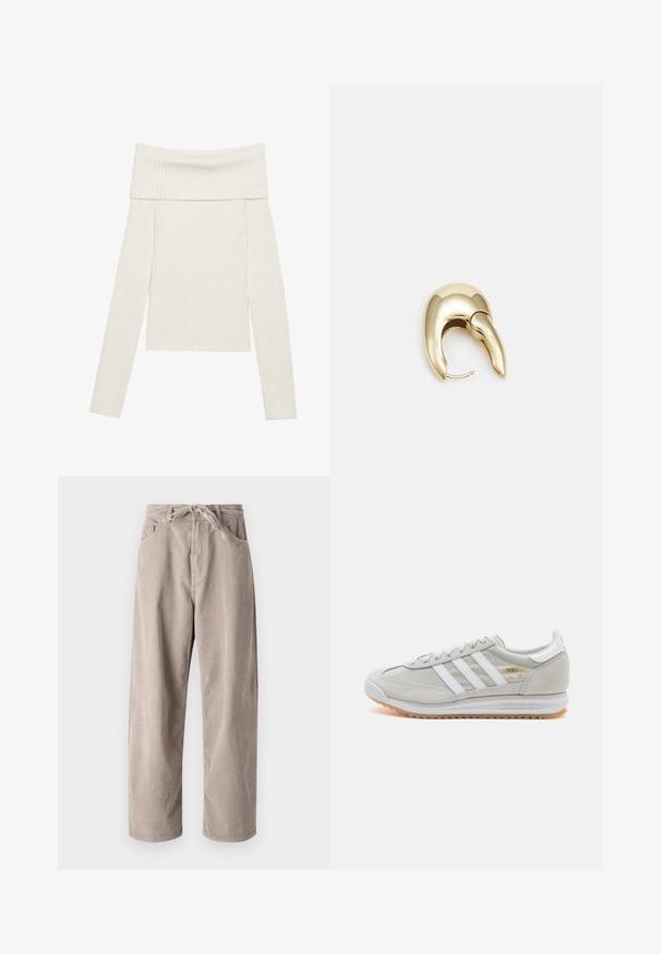 Pitkähihainen off-the-shoulder ribbed-paita, väriltään kerma. Takana laaja kaula-aukko ja teksturoitu kangas, jossa on pystysuoria viivoja. Lyhyt malli.; Beige corduroy-housut, joissa on löysä malli, piilovetoketjulla, kaksi etutaskua ja pystyribbattu pinta.; Vaaleanharmaat sneakerit, jotka on valmistettu mokasta ja verkosta, sisältäen kolme valkoista raitaa, pyöreän kärjen ja kumisen pohjan. Kultainen logo yksityiskohta nauhojen läheisyydessä.; Kultahipuinen korvakoru, jossa on sulavalinjainen, kaareva muotoilu. Ominaisuuksiin kuuluu erottuva terävä muoto, kiillotettu pinta ja sarana kiinnitys.