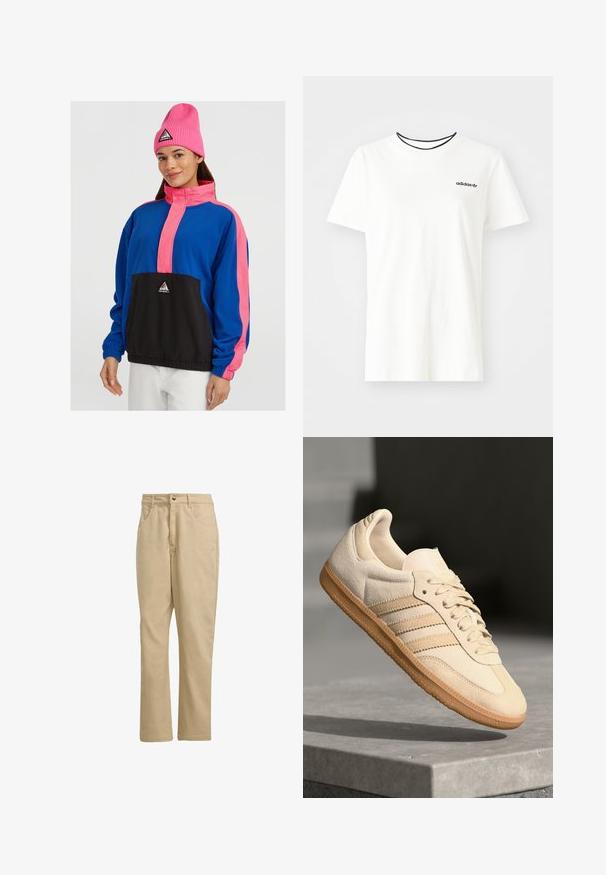 Kolorowa polarowa kurtka z niebieskim korpusem, różowymi akcentami i czarną kieszenią z przodu. Zawiera ściągacze przy mankietach i wysoki kołnierz.; Biała bawełniana koszulka z krótkim rękawem i okrągłym dekoltem. Ma czarne logo Adidas na piersi oraz kontrastowy czarny wewnętrzny kołnierzyk.; Khaki bawełniane spodnie o prostym kroju, z zapięciem na guzik z przodu, dwiema bocznymi kieszeniami i minimalistycznym logo z przodu.; Jasno beżowe zamszowe sneakersy z gumową podeszwą, trzema skośnymi paskami i teksturowanym noskiem. Zawierają logo na języku i boku.
