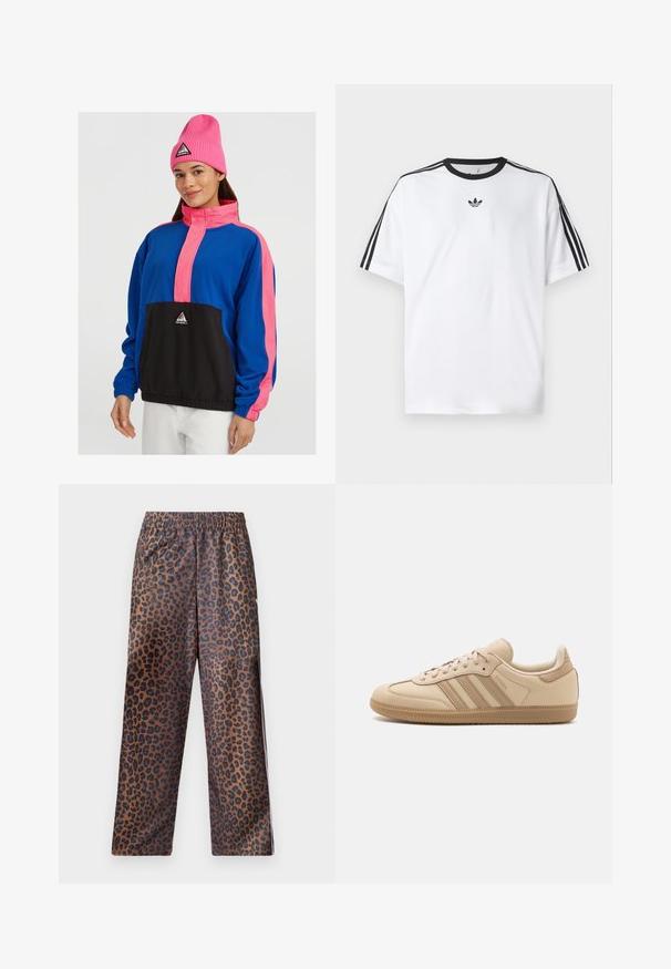 Colorful fleece jacket featuring a blue body with pink accents and a black front pocket. Includes ribbed cuffs and a high collar.; White T-shirt made of cotton, featuring a black round neckline and three black stripes on each shoulder. Small black logo on the chest.; Leopard print pants with an elastic waistband. Made from a shiny fabric, featuring a brown base with black spots and a loose fit design.; Beige leather sneakers with three horizontal stripes, round toe, flat brown rubber sole, and soft fabric lining on the collar and tongue.