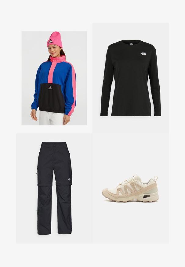 Värvikas fliisi jakk, millel on sinine keha, roosa aksendiga ja must eestasku. Sisaldab ribakäiseid ja kõrget kraega.; Must mustahiheline T-särk, millel on pikad varrukad, valmistatud puuvillast ja ümarast kaelusest. Vasakul rinnal on väike valge logo. Lihtne disain ja sobivus.; Mustad nailonist valmistatud eemaldatavad cargo-püksid, reguleeritavate pahkluudega, mitmete taskutega ja paremal jalal logoga. Sile, kerge tekstuur.; Beež ja koobalti spordijalats tekstureeritud võrkkattega, toetavad ülemised kihid ja kummist tallaga, millel on mustriga joonistus haardeks.