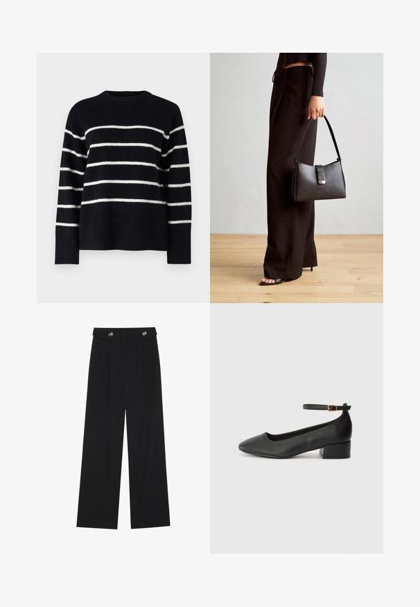 Vero Moda Petite VMFLAWLESS O NECK - Džemperis - black/birch; Melnas platās bikses ar augstu jostasvietu, pogu detaļām uz jostas un priekšējām krokām.; Melnas ādas sūkņi ar smailu purngalu un zemu bloku papēdi. Iezīmēts ar potītes siksniņu ar zelta krāsas sprādzi. Gluda tekstūra.; Melnā somiņa ar strukturētu formu, gludu tekstūru un metālu sprādzi. Saskaņota ar platām melnām biksēm un sandālēm ar atvērtu purngalu uz koka grīdas.