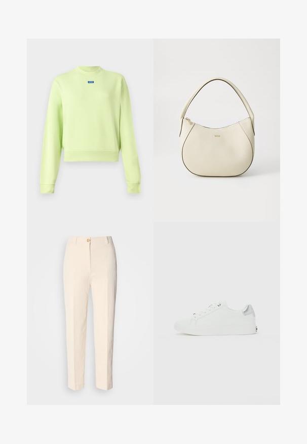 Világos zöld, hosszú ujjú, kerek nyakú pulóver, bordázott mandzsettákkal, elöl középen egy kis kék logóval. Puha tapintású, cropped fazonú.; Krém színű, magas derekú nadrág, textúrált anyagból készült. Elülső gombos záródással és keskeny lábakkal rendelkezik.; Fehér, alacsony szárú cipő, fűzős elülső résszel és ezüst akcentussal a sarkán, egyszerű fehér háttéren kiemelve.; Krém színű kézi táska texturált felülettel, ívelt formával, rövid fogantyúval és arany színű logó részlettel. Cipzáros záródás a tetején.