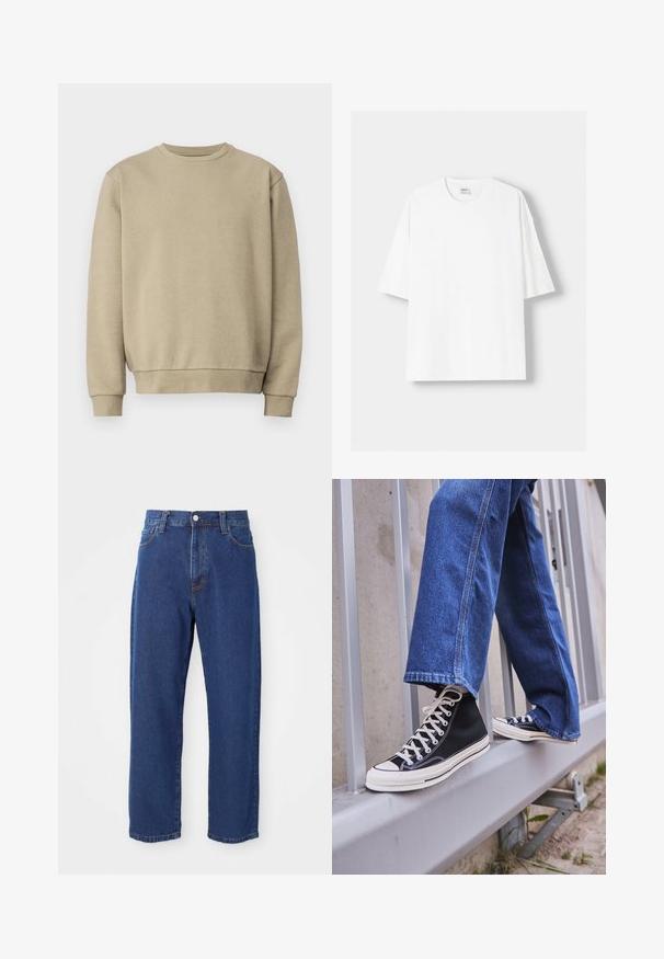 Felpa beige con collo rotondo, polsini e orlo a costine. Realizzata in tessuto morbido, con una texture liscia e un design minimalista.; T-shirt bianco a maniche corte realizzato in cotone, con scollatura rotonda e vestibilità rilassata. Texture liscia, senza motivi o dettagli visibili.; Jeans blu a vita alta realizzati in denim, con una silhouette a gamba dritta, cuciture visibili e chiusura con bottone frontale.; Scarpe da ginnastica nere alte con suola e lacci bianchi, abbinate a jeans di denim blu larghi, appoggiate su un parapetto grigio.