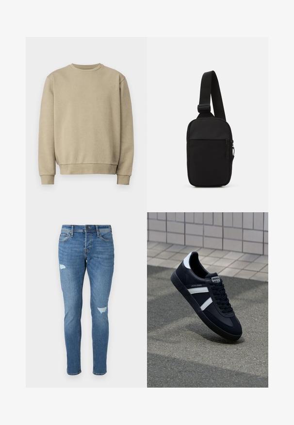 Felpa beige con collo rotondo, polsini e orlo a costine. Realizzata in tessuto morbido, con una texture liscia e un design minimalista.; Jeans in denim blu sbiadito con vestibilità slim, caratterizzati da zone strappate sulle ginocchia, chiusura con bottone e design a cinque tasche.; Sneaker neri in pelle con strisce bianche, suola in gomma texturizzata e allacciatura frontale. Presenta un'etichetta con il marchio sulla linguetta.; Borsa a tracolla nera realizzata in tessuto resistente, con una singola tracolla regolabile, un compartimento principale con zip e una tasca frontale.