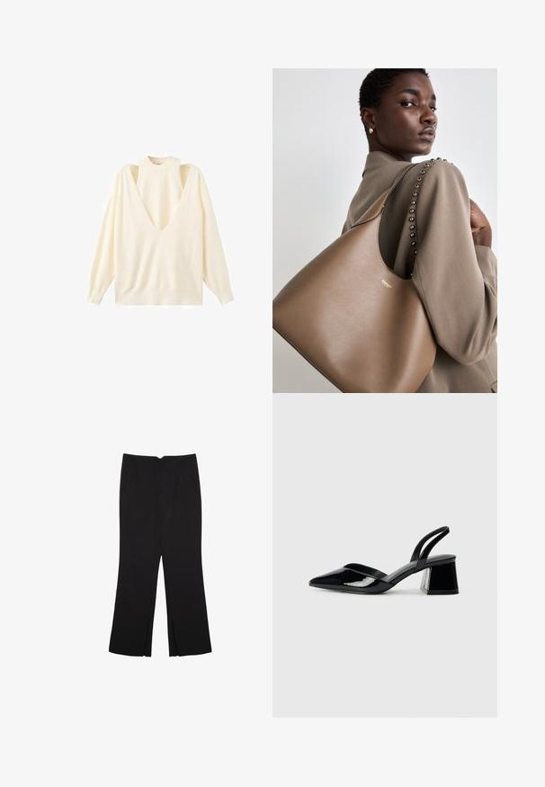 Cremfarbener Langarmoberteil mit tiefem V-Ausschnitt und schulterfreier Design. Weicher Stoff mit lockerer Passform sowie geripptem Halsausschnitt und Bündchen.; Schwarze Hose mit geradem Schnitt, ausgestattet mit Fronttaschen und Seitenschlitzen am Saum. Hergestellt aus weichem, glattem Stoff. Geeignet für verschiedene Anlässe.; Schwarze Lackleder-Slingback-High Heels mit spitzem Schuh und einem geometrischen Blockabsatz. Verfügt über ein schlankes, minimalistisches Design und eine glatte Textur.; Braune Lederhandtasche mit glatter Textur, die eine geschwungene Silhouette und ein metallisches Logo aufweist. Der Riemen hat dekorative Nieten entlang der Naht.