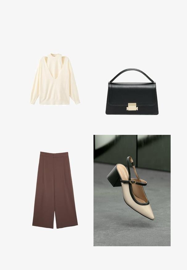 Kremozna dolga majica z dolgimi rokavi, globokim V-izrezom in izrezanim dizajnom na ramionih. Mehka tkanina z sproščenim krojem ter rebrastim izrezom in manšetami.; Rjave široke hlače z gladko teksturo, ki imajo visok pas in sprednje naborke. Tkanina je lahka in prosto pada.; Bežna slingback čevlja z uskim sprednjim delom, črnimi detajli, zlatim zaponko in debelim blokovskim peto na sivi tleh s temno zeleno ozadje.; Črna usnjena torbica z strukturiranim dizajnom, zgornjim ročajem in zlate kovinske sponke na sprednji strani. Gladka tekstura, minimalno šivanje.