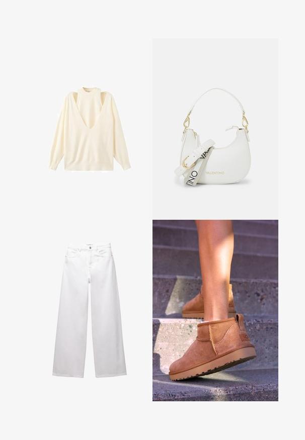 Kremowa bluzka z długim rękawem, z głębokim dekoltem w kształcie litery V oraz wycięciami na ramionach. Miękka tkanina w luźnym kroju, z prążkowanym dekoltem i mankietami.; Białe dżinsy w stylu wide-leg wykonane z denimu. Posiadają zapięcie na guzik, kieszenie z przodu i z tyłu oraz przeszycia. Gładka tekstura z minimalnymi detalami.; Brązowe zamszowe botki za kostkę o miękkiej teksturze, z przeszyciami i gumową podeszwą, wyposażone w pętelkę na pięcie dla łatwego zakładania.; Biała torebka o zakrzywionym kształcie, ze skórzanym teksturą, złotymi elementami metalowymi oraz odpinanym paskiem z logo i detalami klamry.