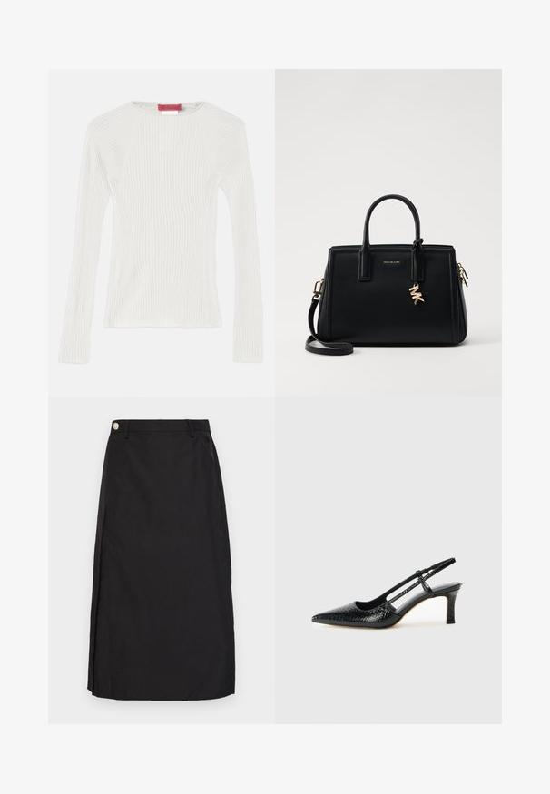 Biała, prążkowana, dzianinowa bluzka z długim rękawem, okrągłym dekoltem i bocznymi rozporkami. Charakteryzuje się gładką teksturą i dopasowanym krojem. Widoczna metka marki.; Czarna spódnica do kolan wykonana z gładkiego materiału, z przednim rozcięciem i metalowym guzikiem na pasku.; Czarne lakierowane czółenka na obcasie typu slingback z wąskim noskiem, z teksturowanym wzorem wężowym, regulowanym paskiem oraz krótkim, teksturowanym obcasem w kształcie słupka.; Czarna skórzana torebka o strukturalnym designie, z dwiema górnymi uchwytami, odpinanym paskiem na ramię, złotymi akcesoriami i zawieszką z logo.