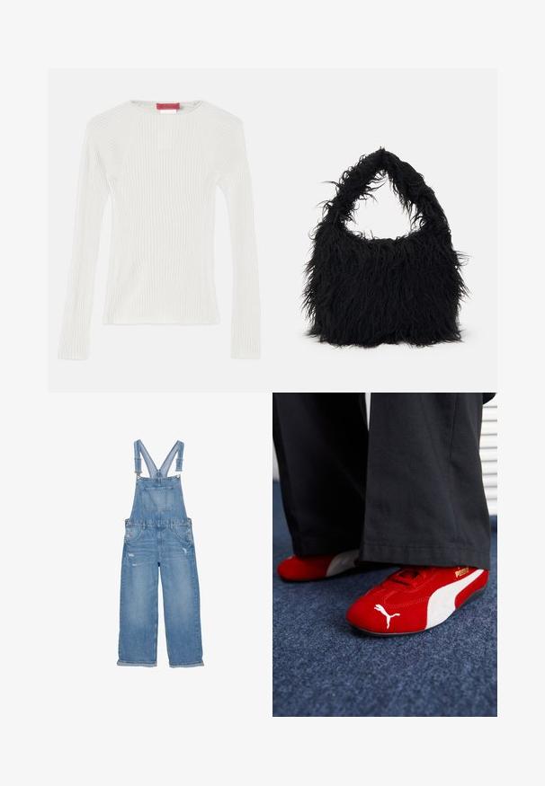 Weißes, geripptes Strickoberteil mit langen Ärmeln, Rundhalsausschnitt und seitlichen Schlitzen. Verfügt über eine glatte Textur und eine figurbetonte Silhouette. Markenschild abgebildet.; Hellblaue Jeanslatzhosen mit verstellbaren Trägern, vorderer Brusttasche, seitlichen Knöpfen und abgenutzten Details an den Beinen.; Rote Wildledersneaker mit weißen Akzenten, aus strukturiertem Material, mit runder Zehenpartie und einem goldenen Logo an der Seite, getragen mit schwarzen Hosen.; Even&Odd Shopping Bag - black