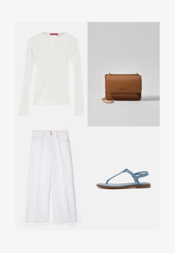 Fehér, bordázott, hosszú ujjú felső kerek nyakkivágással és oldalsó hasítékokkal. Simás textúrájú és testhezálló fazonú. Márkájának címkéje látható.; FRAME LE JANE WIDE CROP RAW FRAY - Laza szabású farmerek - au natural clean; Kék bőr pántos szandál lapos talppal, vékony pánt dizájnnal és csatos záródással a bokán a biztos illeszkedés érdekében.; Barna textúrájú bőr keresztbody táska arany lánc pánttal és fedélzárral. Az elején logó részlet és egy zseb található a fedél alatt.