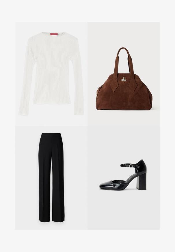 Valge ribakootud pika varrukaga topp ümmarguse kaelusega ja külgventileerimisega. Omab sujuvat tekstuuri ja istuvat siluetti. Brändi silt on näha.; Mustad laiad püksid mustas värvitoonis, sujuva tekstuuri ja kõrge vöökoha ning keskmiste voldikutega. Ilma nähtavate mustrite või tarvikute detailideta.; Mustad lakknahk kingad kõrge kontsaga, ruudukujulise varbaga, pahkluu rihmaga ja paksu kontsaga. Sisaldab perforatsioonidega detaile ääres.; Pruun nahast käekott, millel on struktureeritud kuju, ümar keha ja piklikud rombikujulised käepidemed. Varustatud hõbedase riistvaraga lukuga.