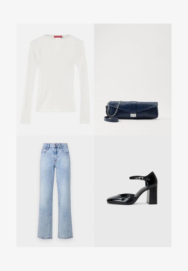 Valkoinen ribbitasku pitkähihaisen puseron, jossa on pyöreä pääntie ja sivuaukot. Ominaisuuksina sileä rakenne ja muotoiltu siluetti. Näkyvissä brändilogo.; Vaaleansiniset korkeavyötäröiset farkut, joissa on suora lahje, haalistunut denimpinta, punaiset ommelakcentit ja klassinen viiden taskun muotoilu.; Musta lakattu nahkainen korkokenkä neliskanttisen kärjen, nilkkaremmin ja paksun koron kanssa. Mukana reikäkuviointi reunassa.; Navy sininen nahkakukkarokotelo, jossa on krokotiilinumero, hopeaketjuolkapanta ja metallilukko. Suorakulmainen muoto taitettavalla designilla.