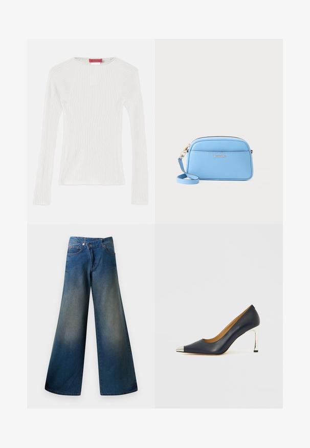 Vit ribbad stickad långärmad topp med rund halsringning och sidofickor. Har en slät textur och en figurnära silhuett. Varumärkesetikett visas.; Vida jeans i blå denim med vida ben, lätt blekt finish, synliga sömmar, två framfickor och knappstängning.; Mörkblå högklackad lädersko med spetsig tå, som har en silverfärgad metallhätta och en glänsande silverstiletto-häl.; Ljusblå lädercrossbodyväska med guldtonade detaljer, dragkedjestängning och en framficka. Försedd med en justerbar rem för bekvämlighet.