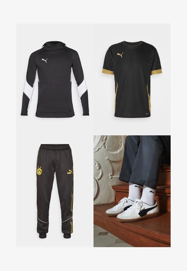Svart idrettshette med høy krage, hvite detaljer på ermene og en liten logo i sølv. Myk tekstur, tettsittende design.; Svart treningst-skjorte med gulldetaljer på ermene og siden. Har rund hals, korte ermer og fukttransporterende DRYCELL-stoff.; Svarte treningsbukser med gule Borussia Dortmund BVB 09 og Puma King-logoer, elastisk liv, og mønstrede gule sidestriper.; Puma-sneakers i hvitt og svart semsket skinn, med en brun gummisåle. Kombinert med hvite sokker med en svart logo, båret med mørke bukser.