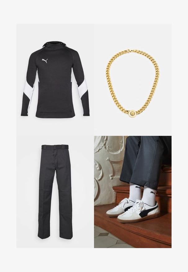 Melnā sportiskā kapuce ar augstu apkakli, baltām akcentu detaļām uz piedurknēm un mazu sudraba logo. Mīksta tekstūra, pieguļošs dizains.; Melnas bikses, izgatavotas no izturīga auduma, ar taisnu kāju dizainu, jostu ar cilpiņām un šuvēm papildu tekstūrai.; Puma kedas baltā un melnā zamšā, ar brūnu gumijas zoli. Pāris ar baltām zeķēm, kurās redzams melns logo, nēsātas ar tumšām biksēm.; Zelta ķēdes kaklarota ar lielām savstarpēji savienotām saitēm, centrā ar apaļu piekari, kurā ir izcelts emblema.