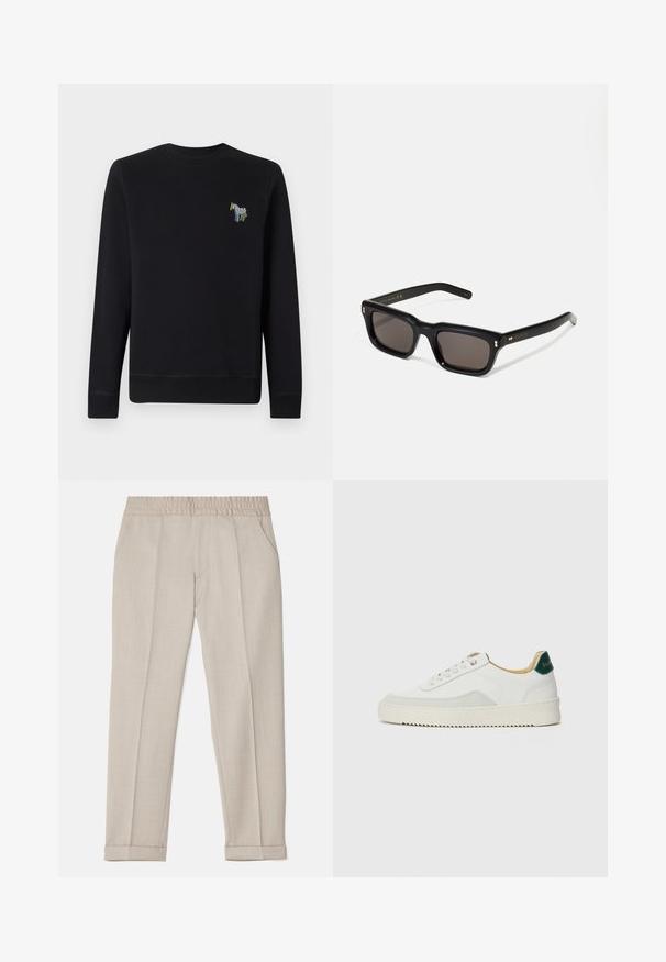 Sort sweatshirt lavet af bomuld med rund halsudskæring. Har en farverig zebra broderet på brystet samt ribkantede manchetter og kant.; Filippa K TERRY CROPPED TROUSERS - Bukser - sage melange; Hvide sneakers med ruskindsdetaljer, rund tå, flade snørebånd og en cremet gummisål. Har grøn branding på hælen.; Sorte rektangulære solbriller med mørke glas, tyk plastisk ramme, guldtryk på stængerne og brandlogo indgraveret på armen.