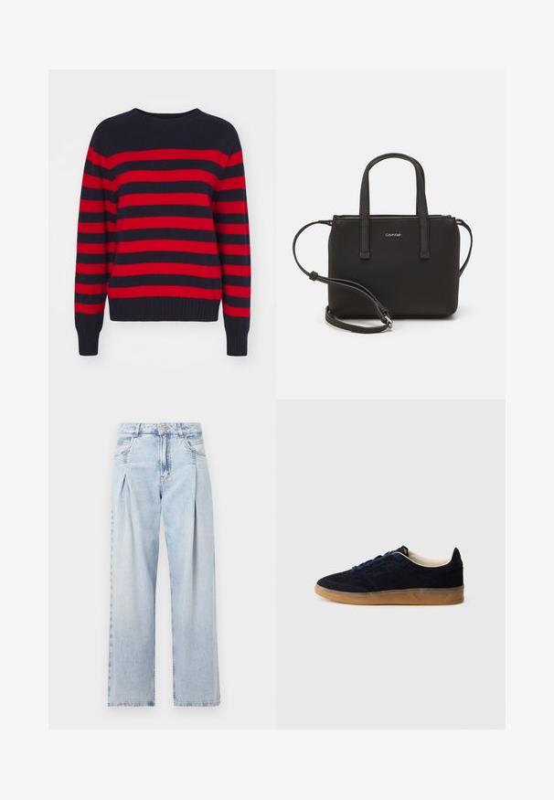 Punane ja tumesinise triibuga kootud kampsun, mis on valmistatud pehmest lõngast. Omab ümmargust kaelust ning soonikuga mansette ja äärt. Klassikaline horisontaalne triibumuster.; Heledad sinise denimist valmistatud teksapüksid kõrge vöökohaga, laia jala lõikega, kahe külje taskuga ja pleedi disainiga. Pehme tekstuur ja pleekinud viimistlus.; Tumesinised seemisnahast spordijalatsid kummist tallaga, siniste paeltega ja minimalistliku disainiga. Küljel on reljeefne logo ja sees on sile vooder.; Musthave mustrans vöö ja eemaldatav õlarihm. Gludike nahk siledaga, millel on tõmblukk ja logo detail.