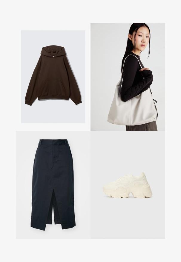Brown oversized hoodie made of cotton blend fabric, featuring a large hood, front pocket, and ribbed cuffs. Smooth texture with minimal design.; Dark navy midi skirt made of cotton blend fabric, featuring a front slit, concealed zipper, and side pockets for functionality.; Chunky white sneakers made of textured mesh and synthetic materials, featuring a thick sole and intricate pattern details along the sides.; Beige handbag made of soft material, featuring a slouchy design, stitched detailing, and two shoulder straps. Suitable for everyday use.