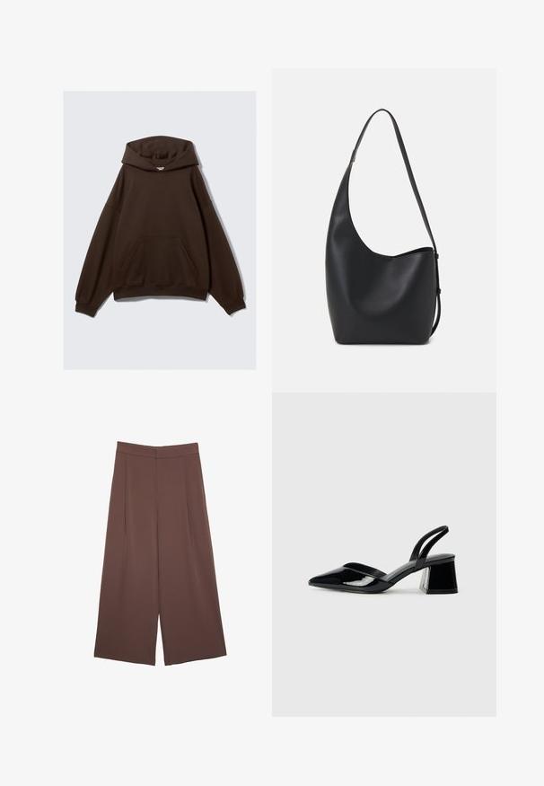 Hnědá oversized mikina vyrobená z bavlněné směsové tkaniny, má velkou kapuci, přední kapsu a vroubkované manžety. Hladká textura s minimálním designem.; Hnědé široké kalhoty s hladkou texturou, vysokým pasem a předními záhyby. Materiál je lehký a volně splývá.; Černé lakované kožené lodičky na pásku s špičatou špičkou a geometrickým blokovým podpatkem. Vyznačují se elegantním, minimalistickým designem a hladkým povrchem.; Černá kožená hobo taška s hladkým povrchem, zakřiveným tvarem a jedním nastavitelným popruhem; má široké otevírání nahoře.