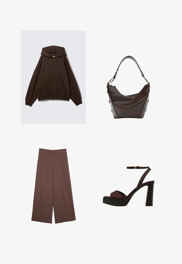 Felpa oversize marrone realizzata in tessuto misto cotone, con un grande cappuccio, tasca frontale e polsini a costine. Texture liscia con design minimale.; Pantaloni ampi marroni con una texture liscia, caratterizzati da una vita alta e pieghe frontali. Il tessuto è leggero e scorre liberamente.; Sandal in camoscio marrone con tacco alto, punta aperta, cinturino alla caviglia regolabile e suola a piattaforma striata.; Borsa in pelle marrone scuro con forma curvata, chiusura con zip e manico corto. Caratterizzata da hardware in metallo e bottoni neri decorativi sul lato.