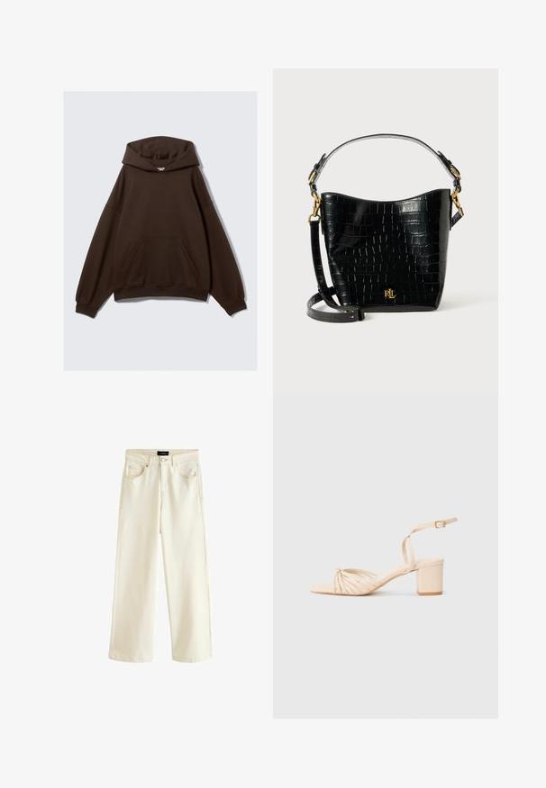 Felpa oversize marrone realizzata in tessuto misto cotone, con un grande cappuccio, tasca frontale e polsini a costine. Texture liscia con design minimale.; Pantaloni a gamba larga in denim beige chiaro, con chiusura a bottone, cinque tasche e una texture morbida. Design semplice e moderno.; Sandalo con tacco beige, con cinturino, punta quadrata, design anteriore torcigliato, cinturino alla caviglia e tacco a blocco. Texture liscia, stile minimalista.; Borsa in pelle nera con effetto coccodrillo, dalla forma curvata, con dettagli in metallo dorato, una tracolla regolabile e un logo sul davanti.