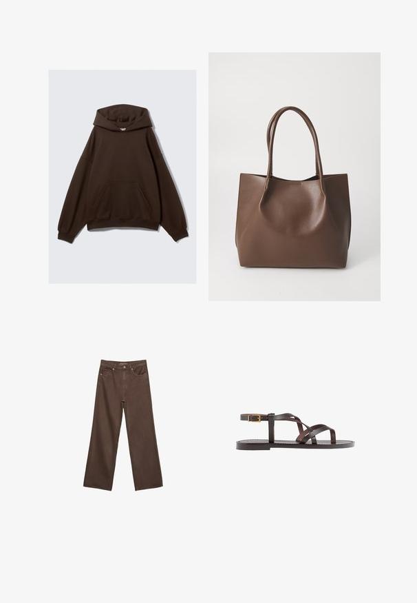 Braon oversized hoodie izrađen od kombinacije pamučnog materijala, s velikom kapuljačom, prednjim džepom i rebrastim manžetama. Glatka tekstura s minimalnim dizajnom.; Proširene smeđe traperice od denima, s visokim strukom, prednjim džepovima i klasičnom kopčom na dugme. Glatka tekstura s suptilnim šavovima.; Smeđe kožne sandale s iskrižanim trakama, umetkom za zapešće s kopčanjem i ravnim potplatom s minimalnim detaljima šivanja.; Smeđa kožna torba s dugim ručkama, strukturiranog oblika, glatke teksture i minimalističkog dizajna. Nema vidljivih metalnih dijelova ili ukrasa.