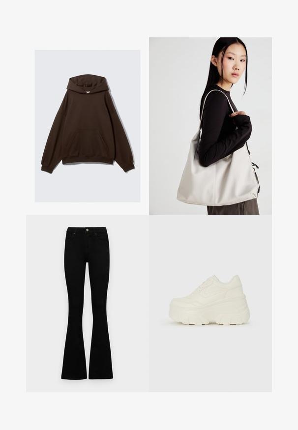 Brown oversized hoodie made of cotton blend fabric, featuring a large hood, front pocket, and ribbed cuffs. Smooth texture with minimal design.; Black high-waist jeans with a button and zip closure, front pockets, and flared legs laid flat on a white background.; White platform sneakers featuring a smooth leather-like upper, rounded shape, padded collar, and textured rubber sole with defined treads.; Beige handbag made of soft material, featuring a slouchy design, stitched detailing, and two shoulder straps. Suitable for everyday use.