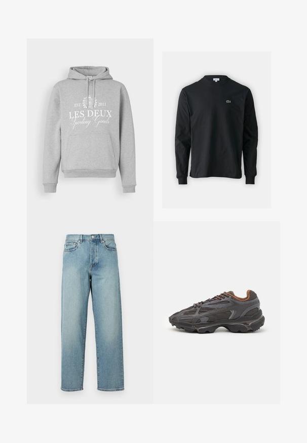 Šedá mikina s kapucí vyrobená z měkké látky, se spodní kapsou, šňůrkovou kapucí a bílým potiskem: "LES DEUX Sporting Goods EST. 2011."; Černé dlouhé rukávy triko vyrobené z bavlny, s kulatým výstřihem a malým zeleným vyšitým logem krokodýla na levé hrudi.; Svetle modré džíny s volným střihem, rovnými nohavicemi, designem s pěti kapsami a zapínáním na knoflík v pase. Minimalistické detaily šití.; Sněrovací boty Lacoste v tmavě šedé barvě s síťovinou a syntetickým materiálem, prezentující texturovanou podrážku a hnědé detaily na límci a logu.