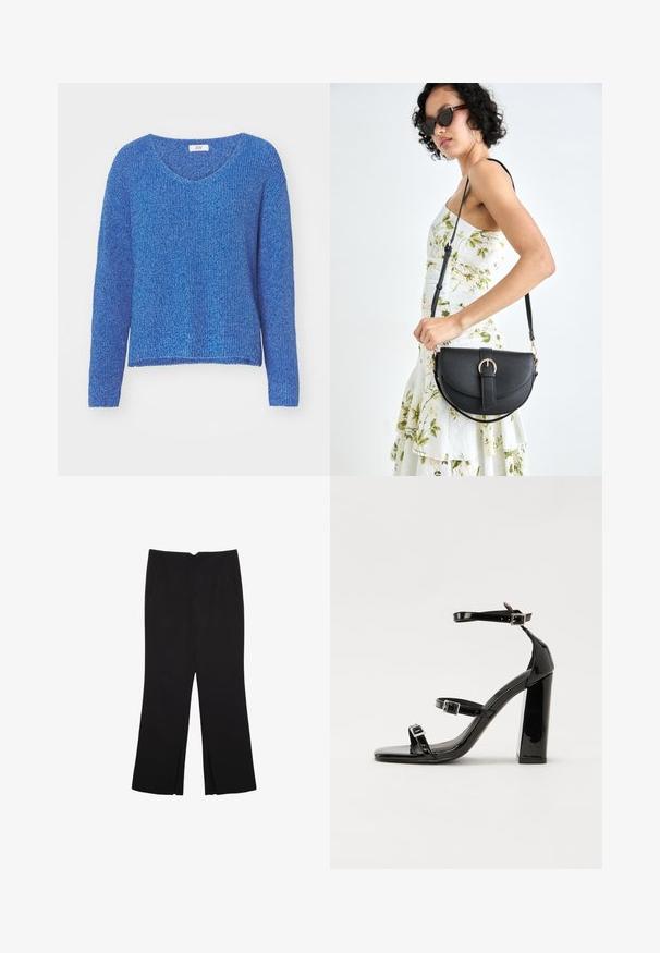 Sininen neulepaita V-kaula-aukolla, pitkillä hihoilla ja rento istuvuus. Tekstuuri on pehmeä ja hieman avoin kudonnaltaan. Brändilogo näkyvissä kaula-aukossa.; Mustat housut suoralinjaisella leikkauksella, joissa on etutaskut ja sivurei'ät helman alla. Valmistettu pehmeästä ja sileästä kankaasta. Sopii eri tilaisuuksiin.; Musta kiiltävä korkokenkä sandaalit neliönmuotoisella varpaalla, nilkkaremmillä ja hopeisilla soljilla. Varustettu tukevalla lohkokorkealla vakauden takaamiseksi.; Musta nahkainen käsilaukku, joka on kaareva muotoilultaan, irrotettavalla hihnalla ja kultaisilla yksityiskohdilla. Laukussa on läppä, jossa on solk yksityiskohta.