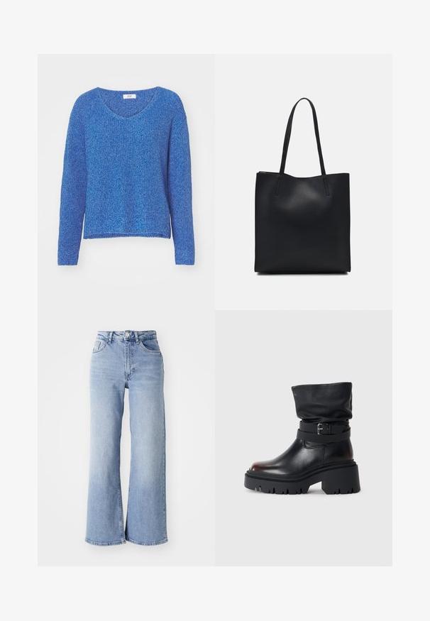 Suéter azul de malha com decote em V, mangas longas e um corte descontraído. A textura é suave com um entrelaçado ligeiramente aberto. Etiqueta da marca visível na gola.; Jeans de cintura alta, de perna larga, em azul claro, com bolsos frontais e traseiros, fecho de botão e desbotamento subtil nas coxas e nas bainhas.; Bota de tornozelo em couro preto com parte superior solta, detalhe em fivela e sola grossa e resistente. Apresenta bico redondo e textura suave.; Bolsa tote preta em couro com textura lisa, forma retangular e duas alças longas. Sem hardware ou enfeites visíveis.