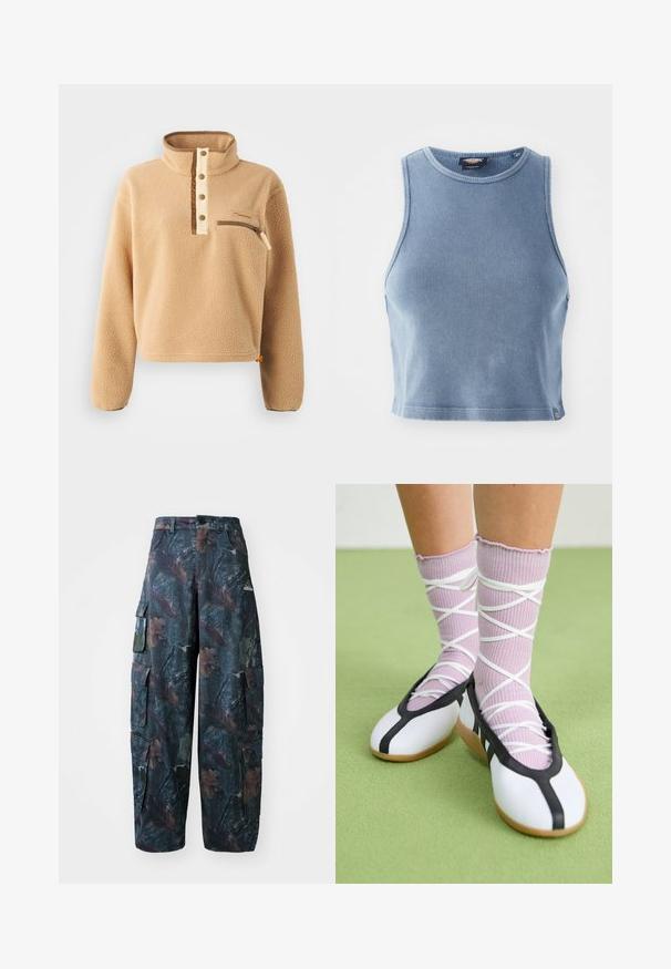 Pullover in pile beige con colletto alto, parziale allacciatura a bottoni e tasca con zip sul petto sinistro. Tessuto testurizzato con dettagli marroni.; Top corto a costine blu chiaro con scollo rotondo e design senza maniche. Texture liscia e piccolo dettaglio con logo all'orlo.; Pantaloni cargo mimetici in verde scuro e marrone, con numerose tasche e una vestibilità ampia, realizzati in un tessuto leggero e resistente.; Scarpe bianche flat con bordi e suola nera, abbinate a calze a coste di un delicato viola chiaro con fasce bianche incrociate. Ambientate su uno sfondo verde.