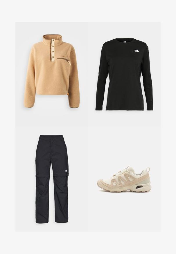 Pullover de fleece bege com um colarinho alto, placket de meia-botão e um bolso com zipper no lado esquerdo do peito. Tecido texturizado com detalhes em castanho.; T-shirt preto de mangas longas, feito de algodão, com decote redondo. Apresenta um pequeno logótipo branco na área esquerda do peito. Design simples e ajuste confortável.; Calças cargo pretas em nylon com fechos de correr removíveis, punhos ajustáveis, múltiplos bolsos e um logótipo na perna direita. Textura suave e leve.; Sapatilha atlética beige e creme com parte superior em malha texturizada, sobreposições de suporte e sola de borracha com um padrão de cravo para tração.