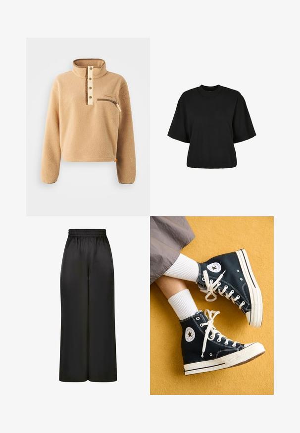 Beżowy polar z wysokim kołnierzem, pół-zapięciem na guziki i kieszenią na suwak na lewej piersi. Teksturowany materiał z brązowymi akcentami.; Czarny krótki t-shirt wykonany z bawełny. Posiada krótkie rękawy i okrągły dekolt. Gładka tekstura z prostym wzornictwem, bez dodatkowych wzorów.; Czarne spodnie z szerokimi nogawkami, wykonane z gładkiego, błyszczącego materiału, z elastycznym pasem i bez widocznych kieszeni ani elementów metalowych.; Czarne, wysokie sneakersy z płótna z białymi sznurowadłami i gumowymi podeszwami, z okrągłym logo Converse All Star po zewnętrznej stronie.