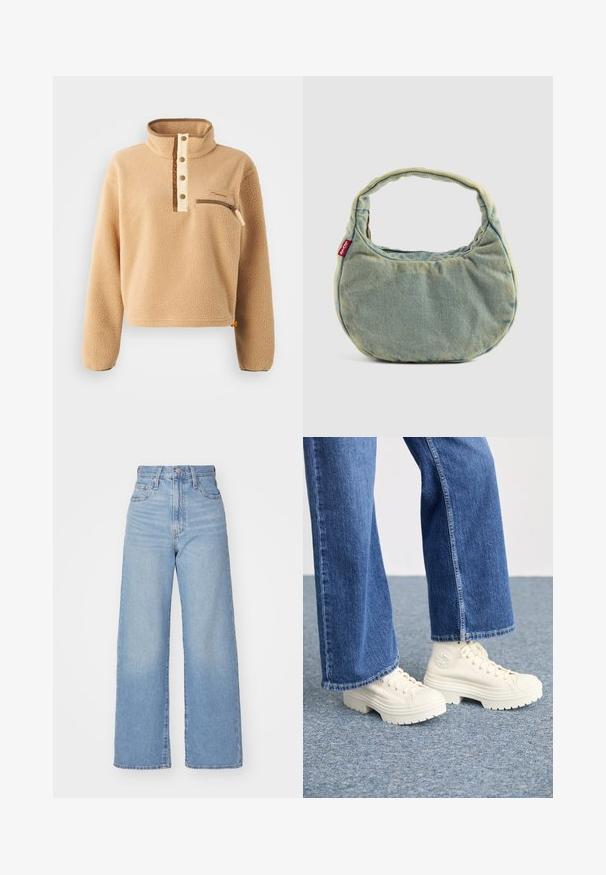 Pullover de fleece bege com um colarinho alto, placket de meia-botão e um bolso com zipper no lado esquerdo do peito. Tecido texturizado com detalhes em castanho.; Jeans de cintura alta e perna larga em azul claro, com fecho frontal de botão e zíper, bolsos frontais e traseiros, sobre um fundo branco.; Ténis brancos de cano alto com solas grossas e estriadas e detalhe de logótipo circular, usados com jeans de ganga de perna larga em azul claro.; Bolsa de denim azul clara com alça curta acolchoada e pequeno rótulo vermelho da Levi's na lateral, sobre um fundo plain.