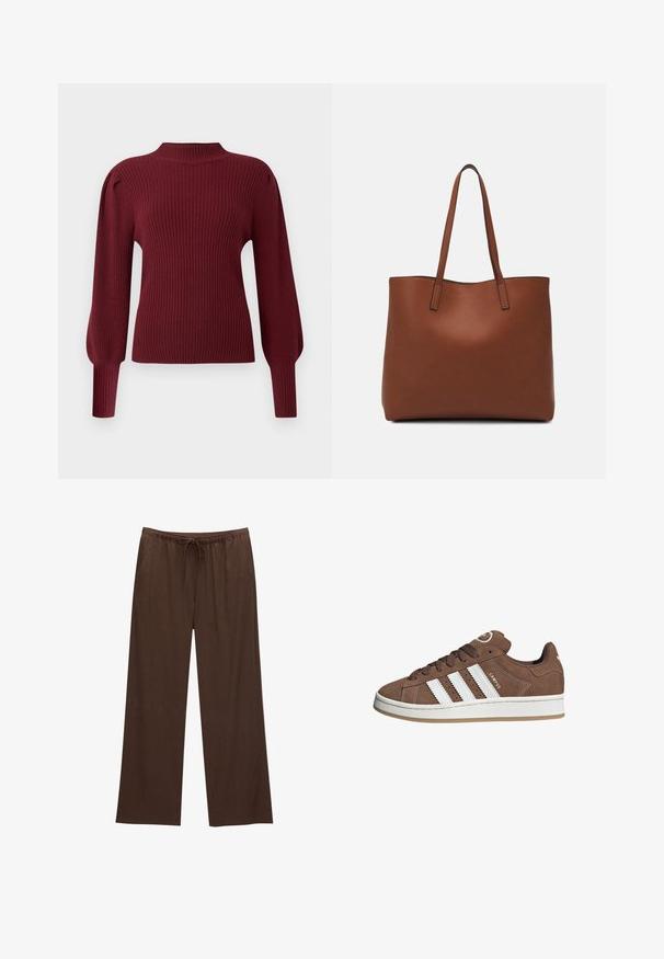 Burgunderfarbener Rippstrickpullover mit hohem Kragen, langen Puffärmeln und schmalen Bündchen. Merkmale sind eine weiche Textur und ein strukturiertes Design.; Braune weite Hosen aus weichem Stoff, mit einem elastischen Bund und Kordelzug sowie zwei Seitentaschen.; Braune Wildledersneaker mit weißen Lederstreifen, Gummisohle, gerundetem Zehenbereich und Schnürung. Mit einem Logo auf der Zunge und perforierten Akzenten.; Braune Leder-Tote mit glatter Textur, offenem Oberteil und zwei Schulterriemen. Verfügt über minimale Nähte und keine sichtbaren Beschläge.