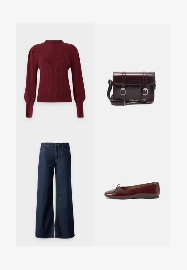 Burgundin värinen ribbiknitti-neule, jossa on korkea kaulus, pitkät puffihihat ja tiukat hihansuut. Ominaisuuksina pehmeä rakenne ja näyttävä design.; Suorat lahkeet farkut tummansinisestä denimmistä. Ominaisuuksiin kuuluvat kontrastiväriset ompeleet, viisi taskua ja nappisuljenta vyötäröllä. Sileä pinta.; Burgundin värinen lakattu nahkainen ballerinatossu pyöreällä varvaskärjellä, pienen nauhan yksityiskohdalla edessä ja matalalla mustalla kumipohjalla. Sujuva pinta.; Burgundin värinen lakattu nahkainen olkapussukka, jossa on suorakulmainen muoto, kaksi hihnaa, hopeiset yksityiskohdat ja läppäkiinnitys.