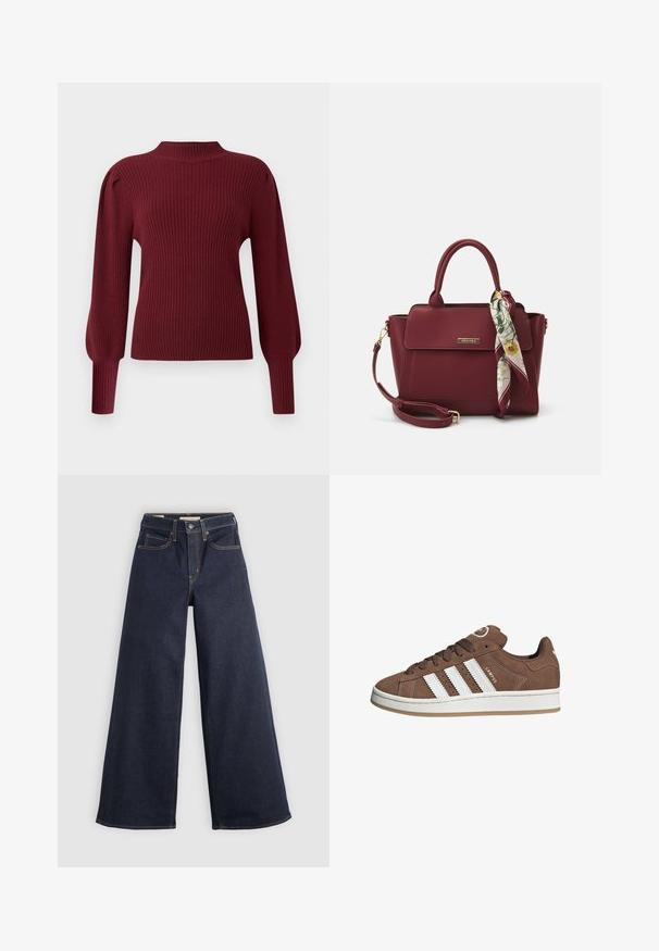 Burgunderfarbener Rippstrickpullover mit hohem Kragen, langen Puffärmeln und schmalen Bündchen. Merkmale sind eine weiche Textur und ein strukturiertes Design.; Helle-bein Jeans aus Denim in Dunkelblau mit Kontrastnähten. Mit traditionellem Fünf-Taschen-Design und einem Knopfverschluss an der Taille.; Braune Wildledersneaker mit weißen Lederstreifen, Gummisohle, gerundetem Zehenbereich und Schnürung. Mit einem Logo auf der Zunge und perforierten Akzenten.; Burgunderfarbene Handtasche aus synthetischem Material mit strukturiertem Design, ausgestattet mit einem abnehmbaren Trageriemen und einem blumenmusternden Schal, der am Griff gebunden ist.