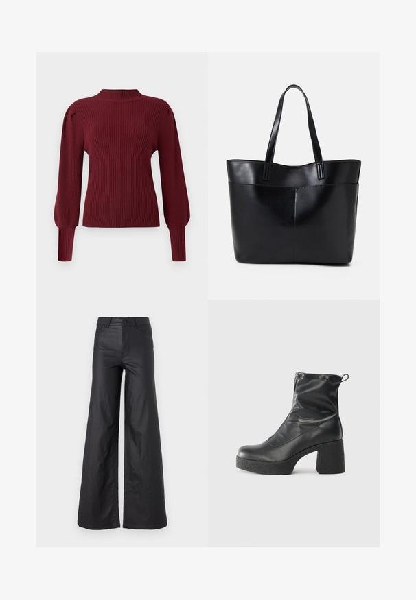 Bordo spalvota smulkiai raštuota megztinis su aukštu kaklu, ilgu pūstų rankovių ir prigludusiais riešais. Pasižymi minkšta textura ir struktūrizuotu dizainu.; Juodos, plačios kelnės iš dirbtinės odos. Yra aukštas liemuo, kilpelės diržui, dvi priekinės kišenės ir siuvinėti detalėmis.; Juodos kulkšninių botai, pagaminti iš lygaus odos, su šoniniu užtrauktuku, masyviu tekstūruotu kulnu ir apvaliu pirštu.; Juoda odinė rankinė su dviem ilgais diržais, lygiu paviršiumi ir struktūrizuota forma. Yra priekinė kišenė papildomam saugojimui.