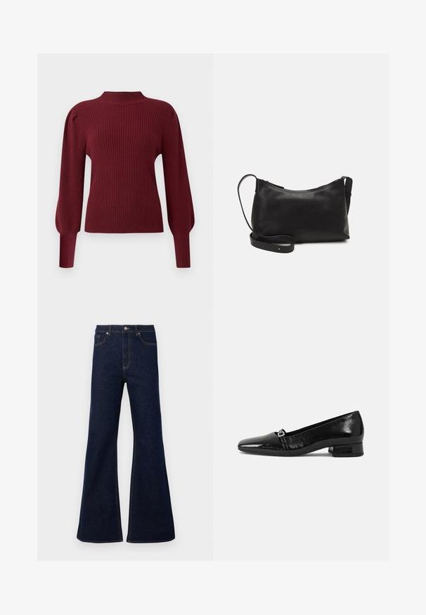 Bordo rebrasti pleteni pulover z visokim ovratnikom, dolgimi napihnjenimi rokavi in prilegajočimi manšetami. Ponuja mehak teksturiran material in strukturirano zasnovo.; Temno modri flare kavbojke z visokim pasom, sprednjimi žepi in zlatimi šivi. Gladka tekstura s tradicionalnim krojem.; Črne patent usnjene baletne čevlje s koničastim nosom, nizkim kvadratnim petam in majhnim kovinskim zaponko na trakcu. Gladka tekstura.; Črna usnjena torba čez ramo z gladko teksturo, ukrivljeno obliko, nastavljivim trakom in zadrgo. Minimalističen dizajn brez okrasnih detajlov.