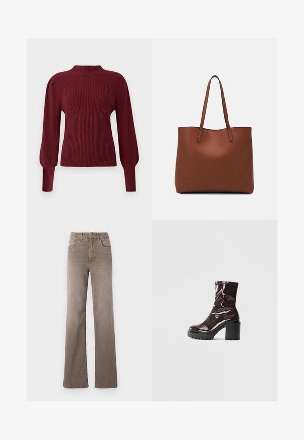 Burgundská žebrovaná pletená svetr s vysokým límcem, dlouhými nabíranými rukávy a přiléhavými manžetami. Vyznačuje se jemnou texturou a strukturovaným designem.; Hnědé džínsy s vysokým pasem, rovné nohy, předním knoflíkem, poutky na opasek a klasickým designem pěti kapes na bílém pozadí.; Lesklá bordó kotníková bota s masivním černým podpatkem, se hladkým povrchem a jednoduchým designem. Žádné viditelné zapínání ani vzory.; Hnědá kožená taška přes rameno s hladkou texturou, otevřeným designem a dvěma ramenními popruhy. Obsahuje minimální švy a žádné viditelné kovové prvky.