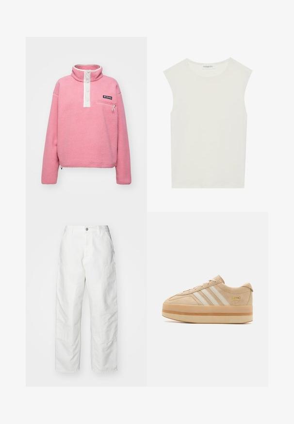 Columbia HELVETIA™ II CROPPED HALF SNAP - Polárpulóver - pink agave; Fehér ujjatlan felső, kerek nyakkivágással. Simább anyagból készült, laza fazonnal és minimalista kialakítással rendelkezik. Nincsenek minták vagy díszítések.; Fehér kantáros nadrág denim anyagból, laza szabással, oldalsó zsebekkel és látható varrási részletekkel. Egyszerű elülső rész gombos záródással.; Beige velúr platform sportcipők fehér három csíkkal, kerek orral és bézs gumitalppal, az oldalán arany logóval kiemelve.