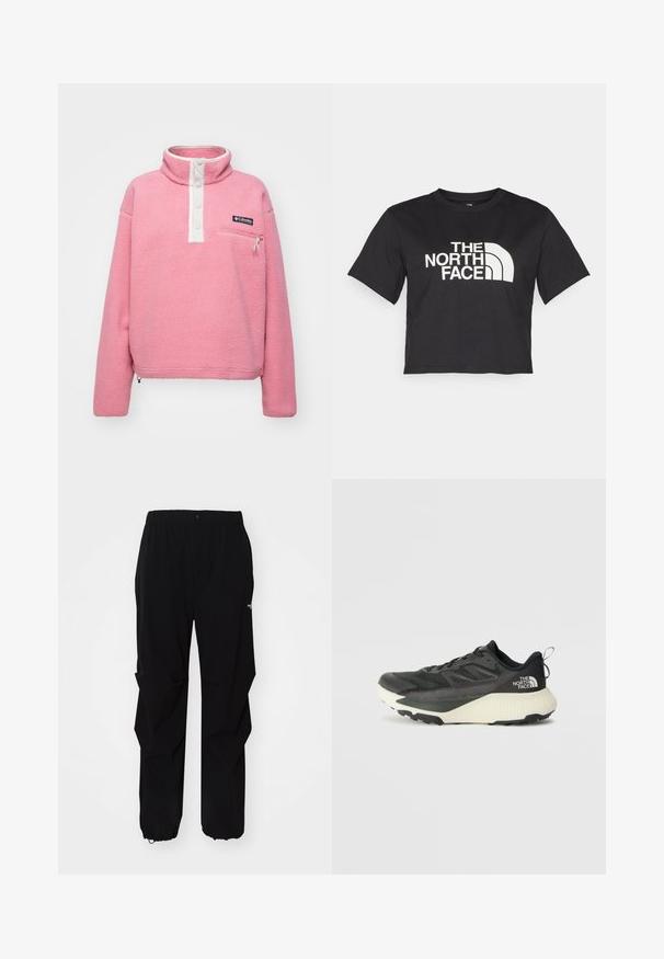 Columbia HELVETIA™ II CROPPED HALF SNAP - Polárpulóver - pink agave; Fekete, vágott ujjú, pamut póló, fehér logóval, amely ívelt díszítéseket és a "THE NORTH FACE" feliratot tartalmazza az elején. Rövid ujjú, kerek nyakú.; Fekete kültéri nadrág, tartós anyagból készült, laza fitnesz, rugalmas derékpánttal és állítható hosszúságú, behúzható szárakkal rendelkezik.; Fekete sportcipő, texturált felsőrésszel, szürke kiegészítőkkel és fehér középtalppal. Húzófüllel és kiemelkedő márkalandírral a sarkán.